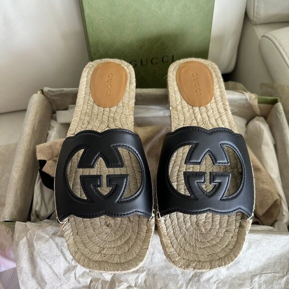 NEW Gucci Interlocking G Cut Out Leather Slides Espadrilles sz 10 Men’s Sandals - Picture 8 of 12